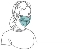Continuous line art, COVID-19, woman wearing a teal mask.
